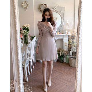 Puff-sleeve Wrapped Flare Dress