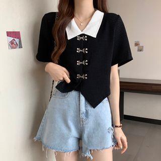 Contrast Collar Irregular Cropped Blouse