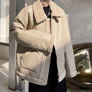 Fleece-trim Faux Leather Zip-up Jacket