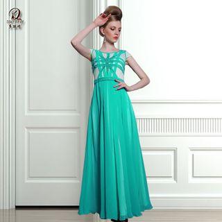 Short-sleeve Strapped Evening Gown