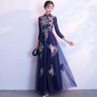 Embroidered 3/4-sleeve A-line Evening Gown