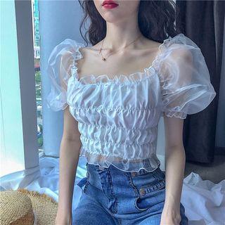 Mesh Puff-sleeve Crop Top