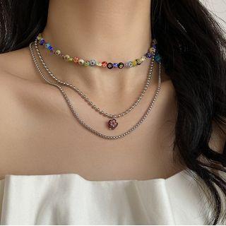 Flower Bead Stainless Steel Layered Choker Blue & Green & Silver - One Size