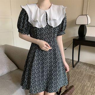 Short-sleeve Collar Floral Mini A-line Dress Black - One Size