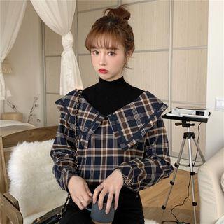 Long-sleeve Mock Two-piece Plaid Blouse