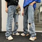 Couple Embroidered Ripped Jeans