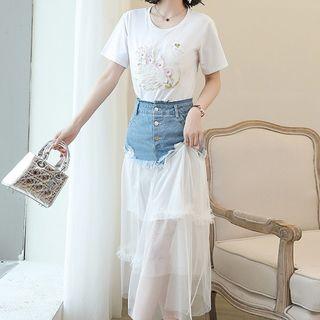 Set: Short-sleeve Swan Applique T-shirt + Mesh Hem Denim Skirt