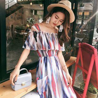 Short-sleeve Cold-shoulder Print Midi A-line Dress