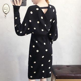 V-neck Dotted Long-sleeve Knit Dress