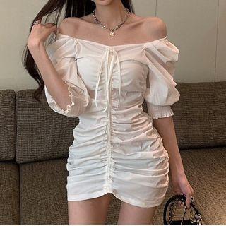 Off-shoulder Plain Drawstring Dress White - One Size