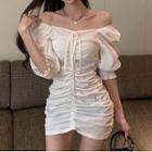 Off-shoulder Plain Drawstring Dress White - One Size