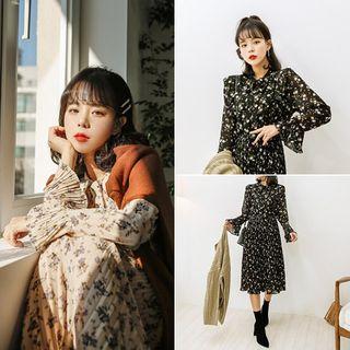 Tie-neck Pleated Floral Long Chiffon Dress