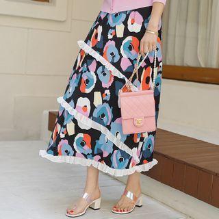 Band-waist Frilled-detail Pattern Skirt