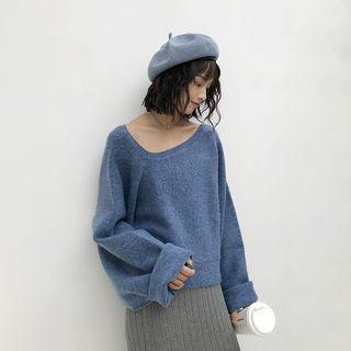 Dolman-sleeved Asymmetric-collar Knit Sweater