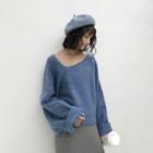 Dolman-sleeved Asymmetric-collar Knit Sweater
