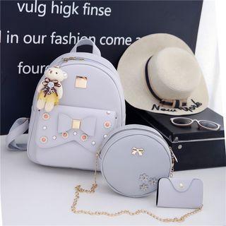 Set: Bow Faux Leather Backpack + Round Shoulder Bag + Wallet