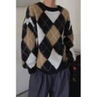 Drop-shoulder Fluffy Argyle Sweater