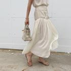 Button-yoke Maxi Chiffon Skirt  Light Beige - One Size