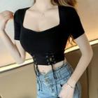 Short-sleeve Square-neck Lace-up Cropped T-shirt