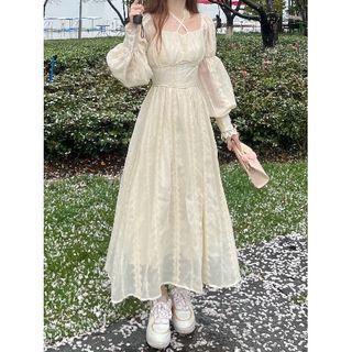 Long-sleeve Halter Midi A-line Dress White - One Size