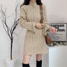 Bell-sleeve Mock-neck Cable Knit Mini A-line Dress