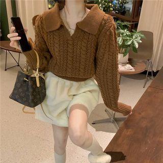 Open-collar Cable Knit Sweater Brown - One Size