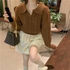 Open-collar Cable Knit Sweater Brown - One Size