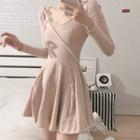 Long-sleeve Ribbon A-line Dress Pink - One Size