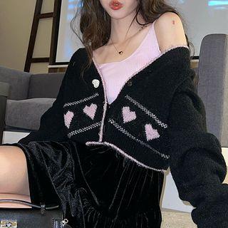 Heart Print Cardigan / Knit Camisole Top