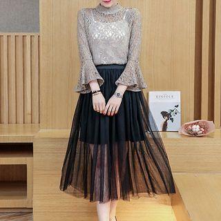 Set: Mock Neck Long Sleeve Lace Top + A-line Mesh Skirt