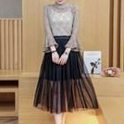 Set: Mock Neck Long Sleeve Lace Top + A-line Mesh Skirt