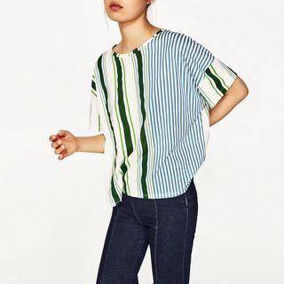 Elbow-sleeve Stripe Panel T-shirt