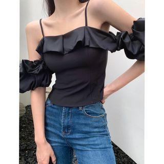 Cold-shoulder Ruffle Slim-fit Top