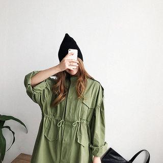 Epaulet Drop-shoulder Long Parka Khaki - One Size