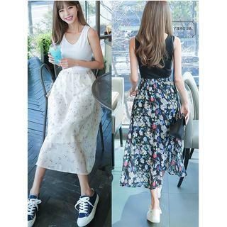 Set: Plain Tank Top + Floral Print Midi Skirt