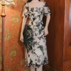 Short-sleeve Butterfly Embroidered Midi A-line Mesh Dress