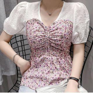 Short-sleeve Floral Print Paneled Blouse