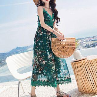 Spaghetti Strap Lace-trim Floral Print Jumpsuit