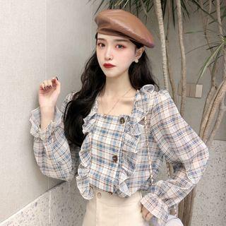 Square Neck Ruffled Plaid Blouse