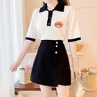 Elbow-sleeve Knit Polo Shirt / Fitted Mini Skirt / Set