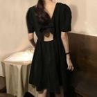 Short-sleeve Open Back Drawstring Dress Black - One Size