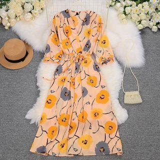 V-neck Print Medium Long Dress
