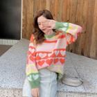 Long-sleeve Color Block Heart Printed Knit Top
