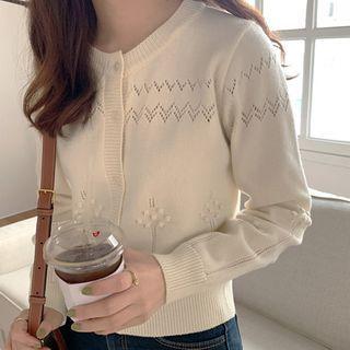 Pompom-detail Pointelle-knit Cropped Cardigan Ivory - One Size