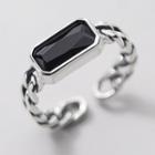 Rectangle Faux Crystal Sterling Silver Open Ring Silver & Black - One Size