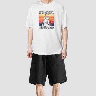 Short-sleeve Unicorn Print T-shirt / Plain Shorts