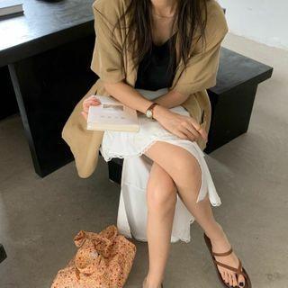Plain Loose-fit Short-sleeve Light Jacket / Lace Irregular Midi Skirt