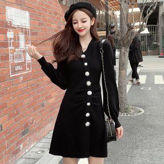 Faux Pearl Button A-line Knit Dress