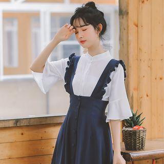 Elbow-sleeve Shirt / Buttoned Midi Suspender Dress / Set