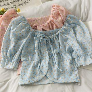 Boatneck Tie-neckline Floral Corp Top